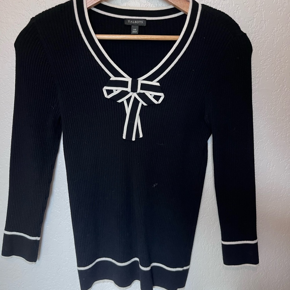 Talbots Navy Blue V-Neck Sweater with White Trim
